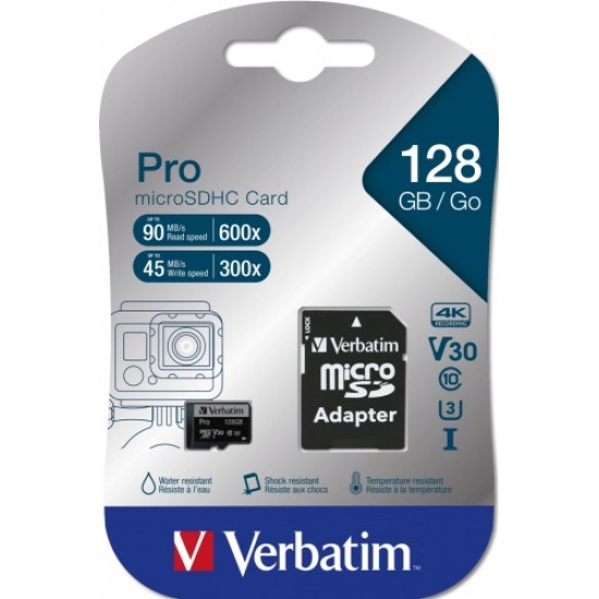 Verbatim 47044 Pro U3 Micro SDXC Atminties kortelė 128GB + microSD į SD Adapteris